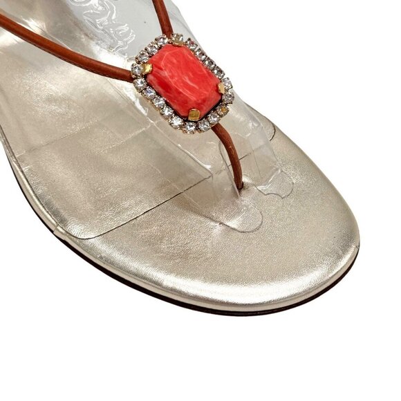 VTG Valentino Gold Thong Flat Sandals Sz.10 Coral Rhinestones Boho Designer - Picture 7 of 16